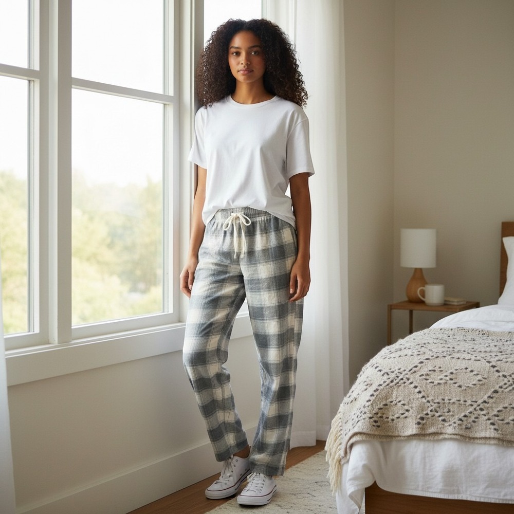 American Eagle AE Lounge Plaid Pajama Pants Grey Cream XS 26-28 Flannel Sleep